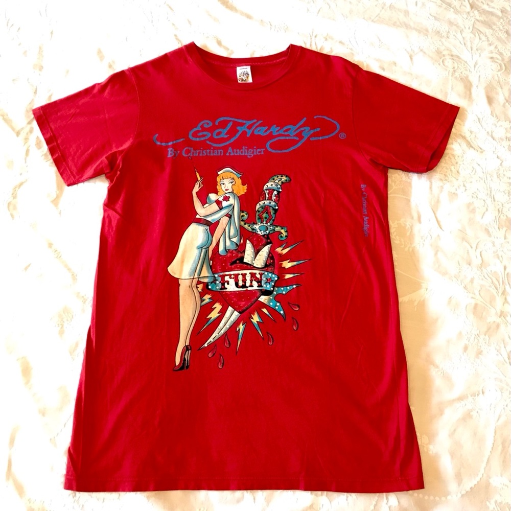 Ed Hardy Red Nurse Rhinestone T-shirt